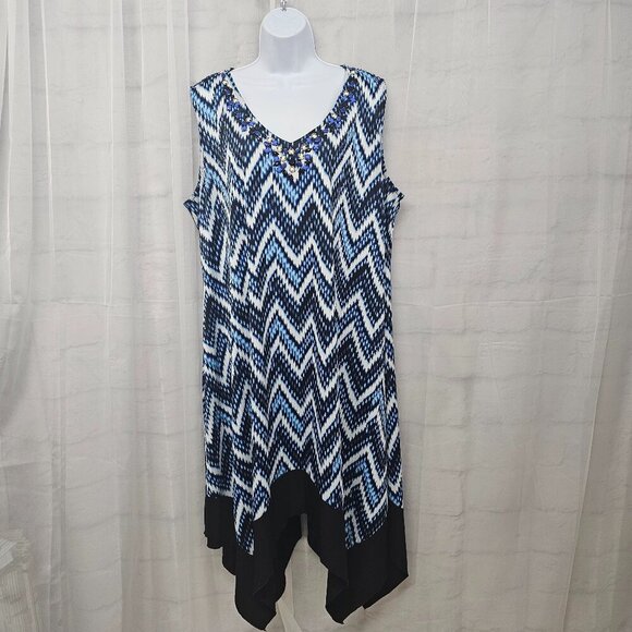 Avenue Blue White Chevron Aztec Sleeveless Midi Dress Beaded Boho 22/24 - Picture 1 of 13